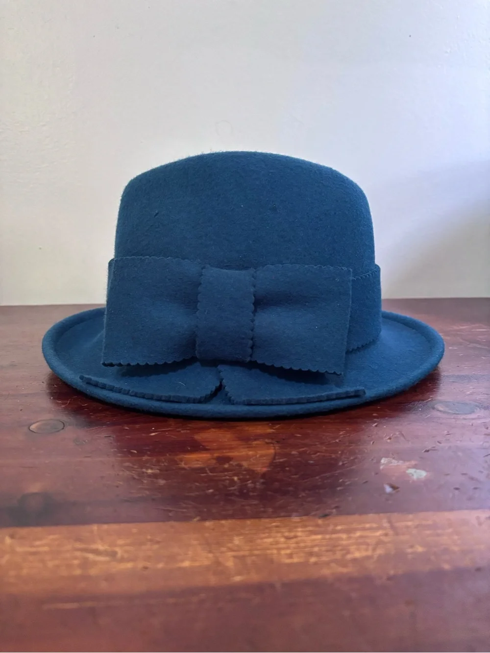 Dark Teal 100% Wool Felt Vintage Cloche Hat with Bow Feminine Classic